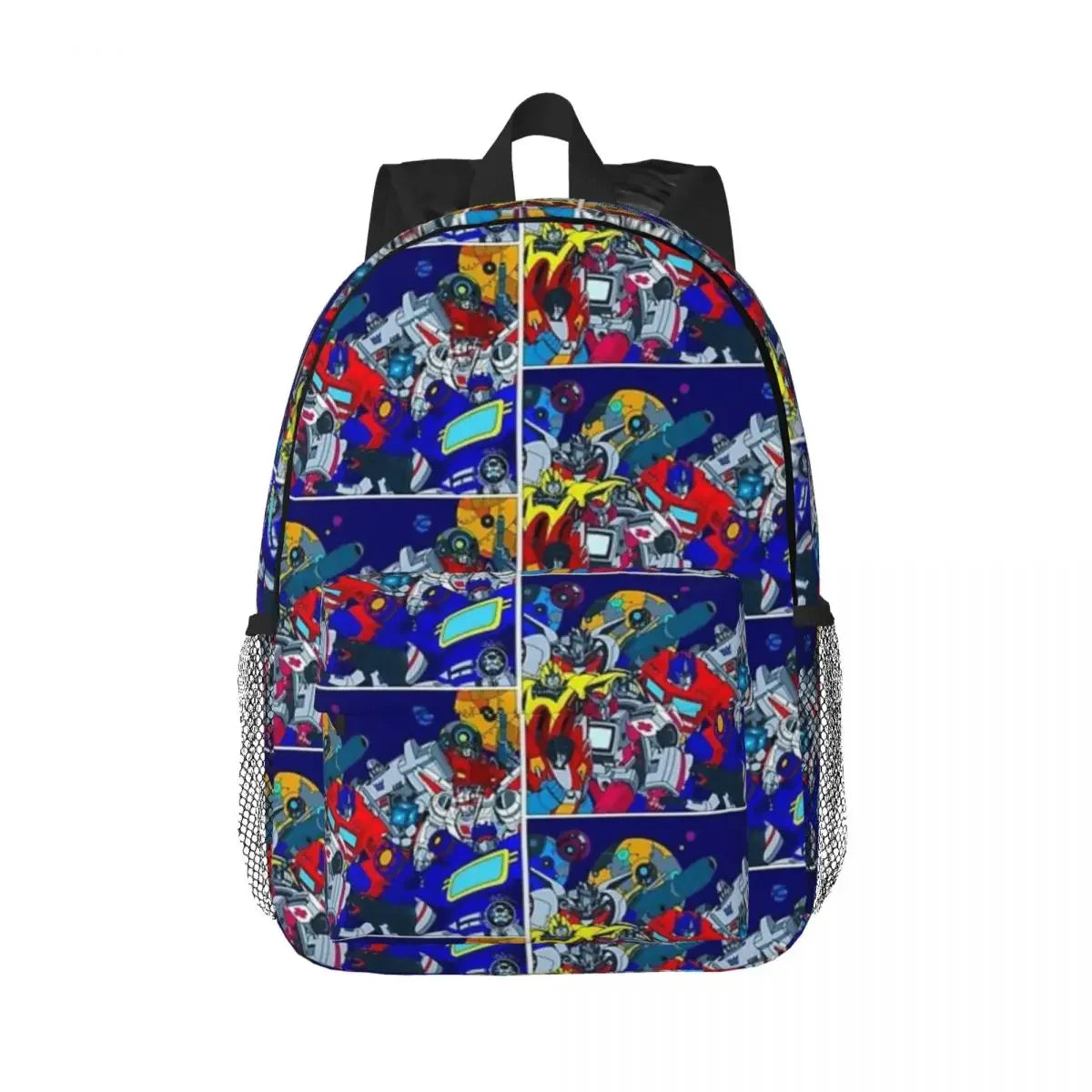 Sac à dos enfant bleu motif robots colorés, véhicules et graphismes dynamiques – Transformers.