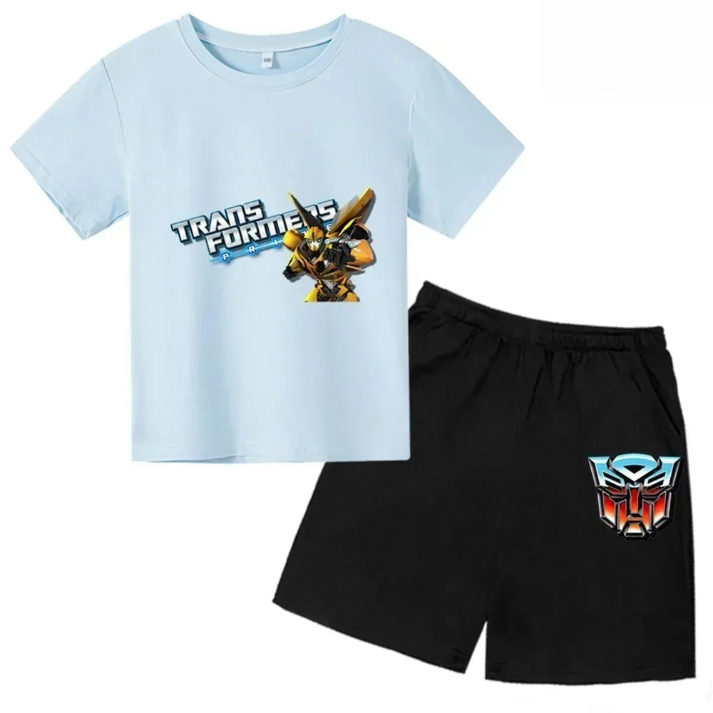 Ensemble t-shirt bleu clair avec Bumblebee et short noir logo Autobots, motif cartoon – Transformers.