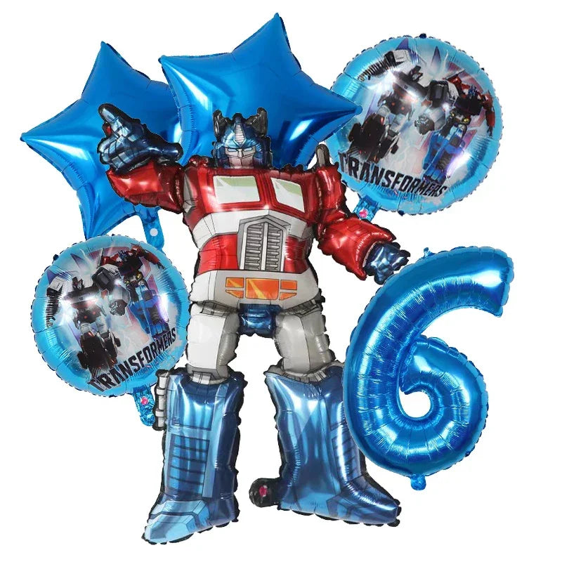 Ballons Optimus Prime, étoiles bleues et chiffre 6 avec motifs robots sur fond blanc – Transformers.