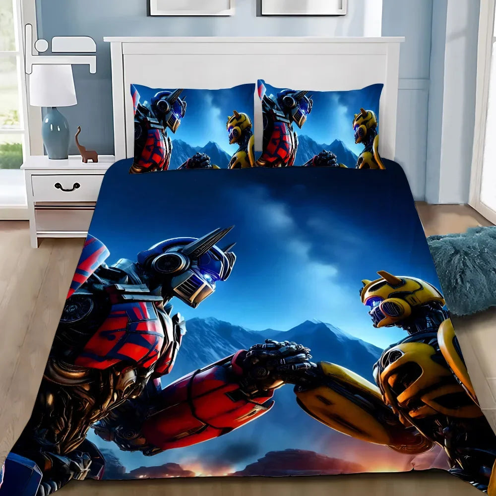 Parure de lit avec Optimus Prime et Bumblebee se serrant la main sur fond de montagnes – Transformers.