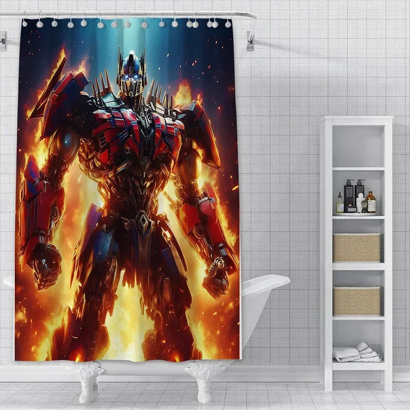 Rideau de douche Transformers avec robot armé rouge et bleu en flammes, décor moderne – Transformers.