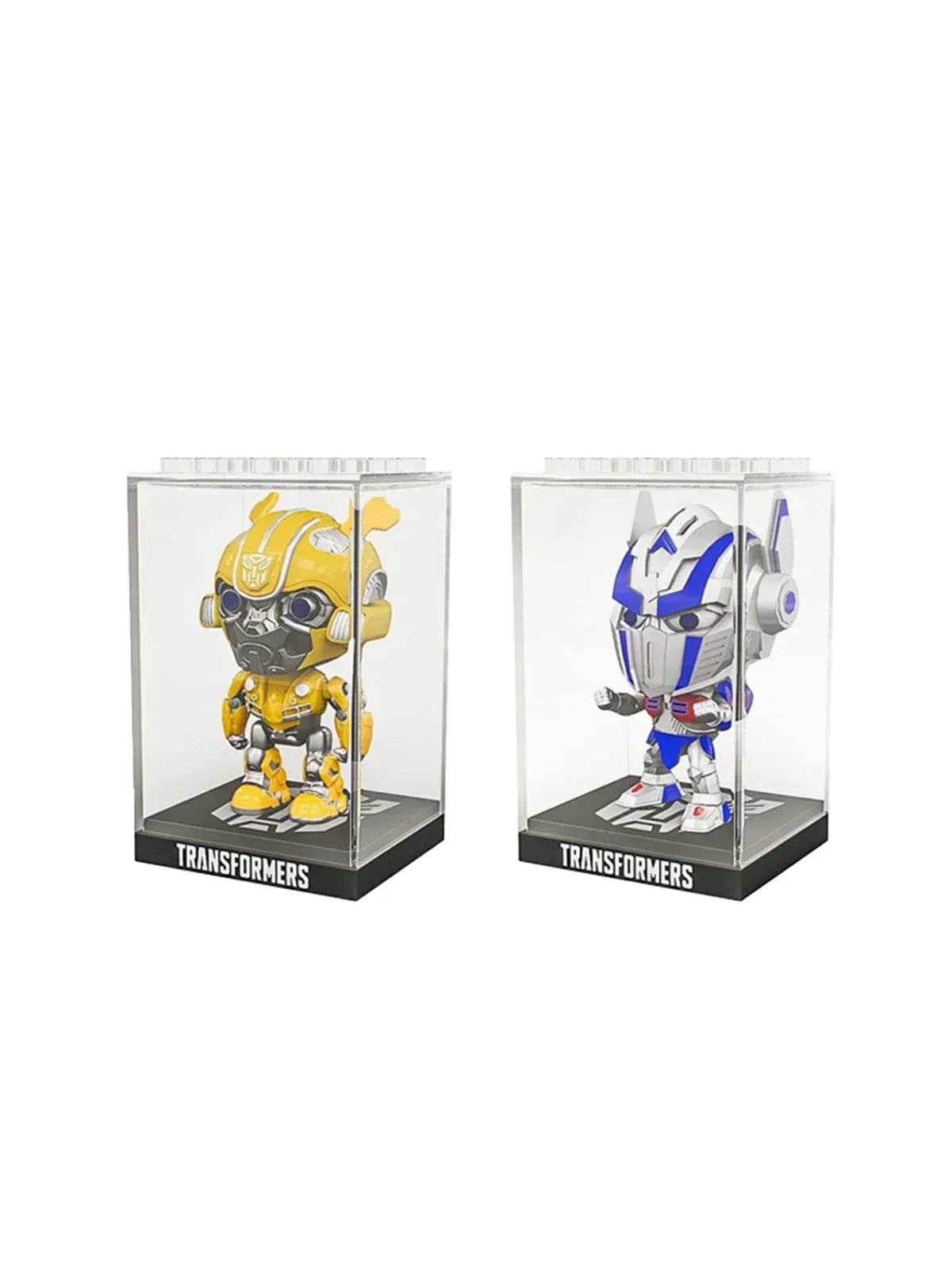 Figurines Transformers en boîte, Bumblebee jaune et robot blanc et bleu, présentation vitrine – Transformers.