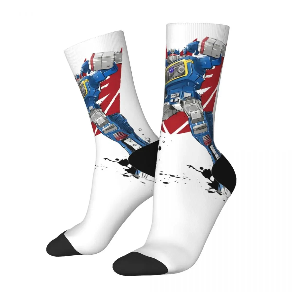 Chaussettes blanches avec robot bleu Soundwave, fond rouge graphique et taches noires – Transformers.