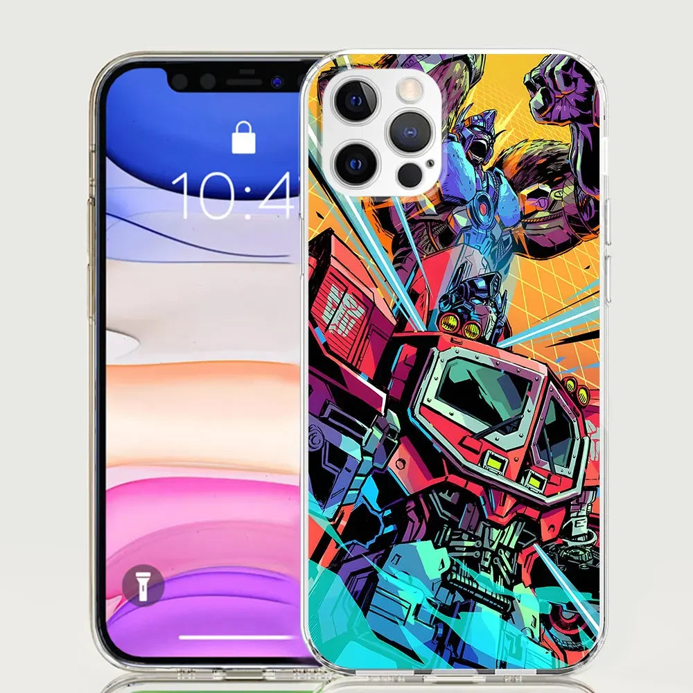 Coque iPhone avec illustration colorée d’Optimus Prime en posture dynamique sur fond jaune – Transformers.