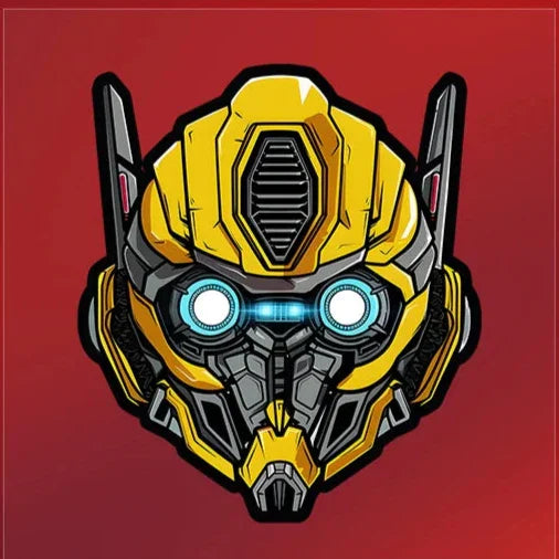 Illustration du visage de Bumblebee en style cartoon, fond rouge uni, détails jaunes et bleus – Transformers.
