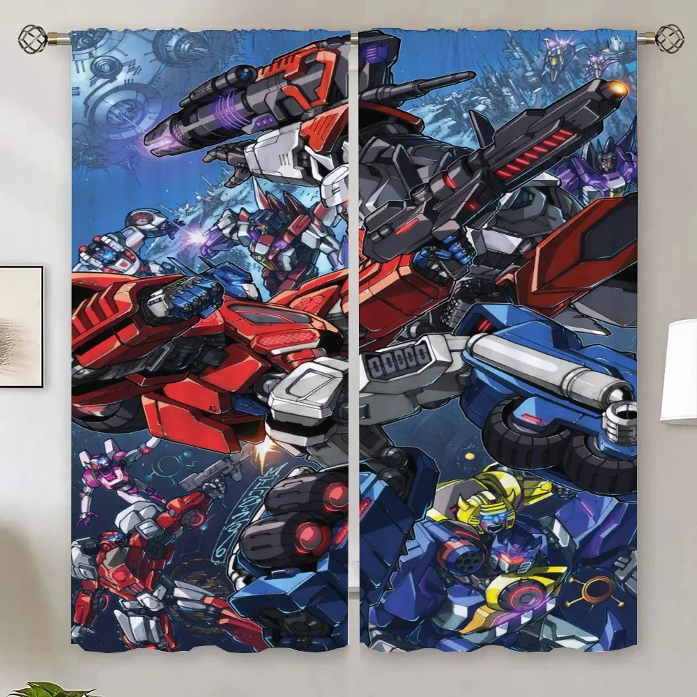 Rideau imprimé avec robots Transformers colorés en posture de combat sur fond spatial bleu – Transformers.