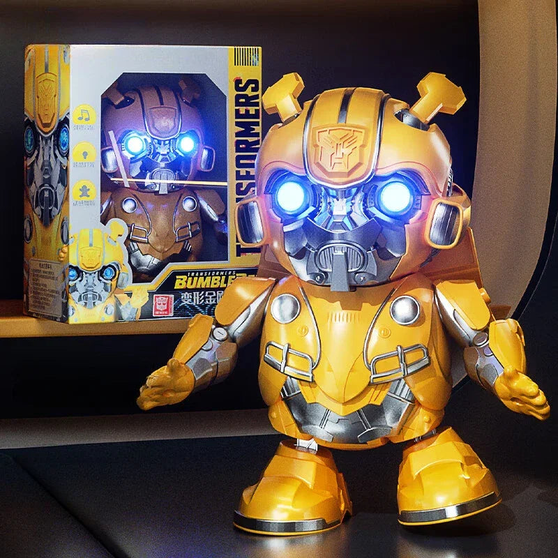 Figurine robot Bumblebee jaune avec yeux lumineux, boîte et décor sombre – Transformers.