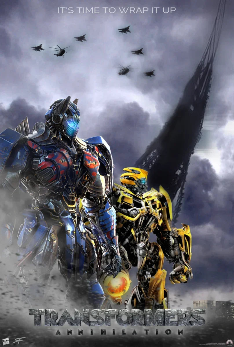 Affiche Transformers Annihilation avec deux robots géants, ciel orageux, avions et hélicoptères – Transformers.