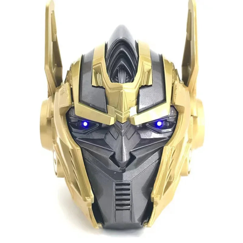 Casque robot gris et or avec yeux bleus lumineux, style science-fiction – Transformers.