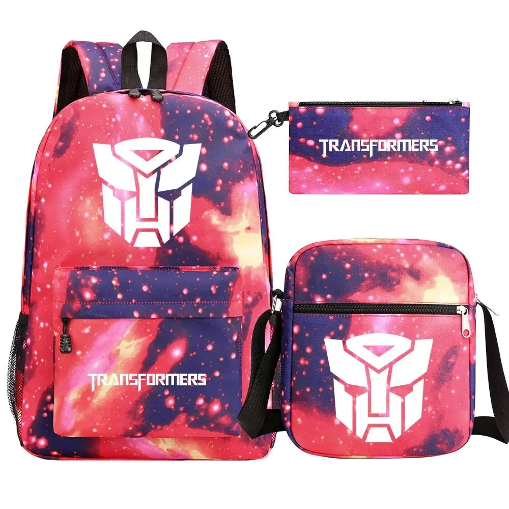 Ensemble sac à dos, sac bandoulière et trousse motif galaxie rouge logo Autobot – Transformers.