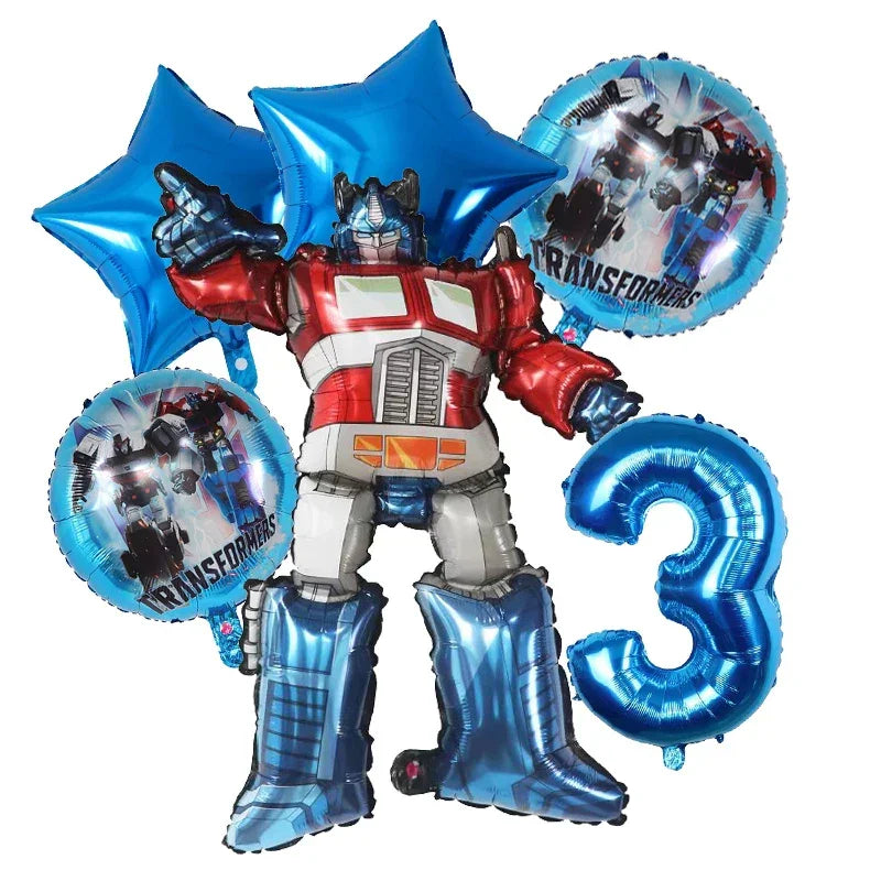 Bouquet de ballons Transformers avec Optimus Prime, étoiles, chiffre 3 et motifs robots bleus – Transformers.