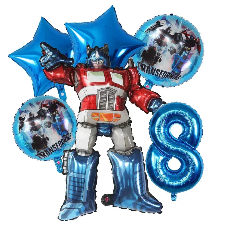 Ballons anniversaire Transformers avec Optimus Prime, étoiles bleues et chiffre 8 – Transformers.