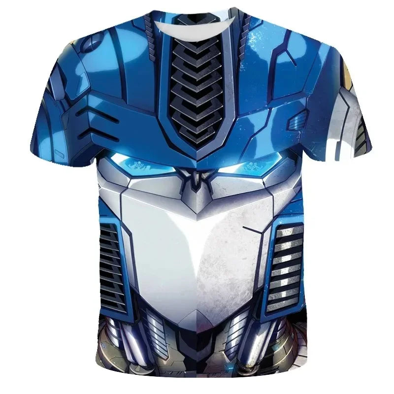 T-shirt bleu avec visage robot métallique stylisé, regard lumineux, inspiré d’Optimus Prime – Transformers.