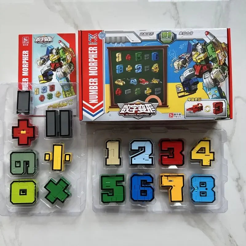 Coffret Number Morpher, chiffres colorés et signes mathématiques, robot illustré, style jouet – Transformers.