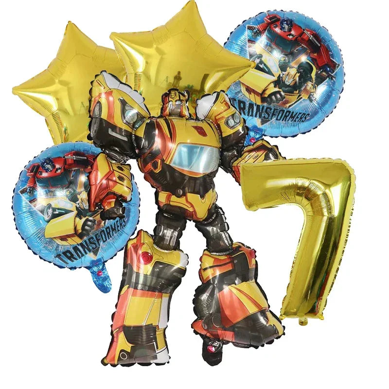 Ballons d’anniversaire Transformers avec robot jaune, étoiles dorées et chiffre 7 – Transformers.
