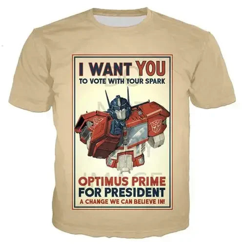T-shirt beige affichant Optimus Prime, bras tendu et slogan électoral, style affiche rétro – Transformers.