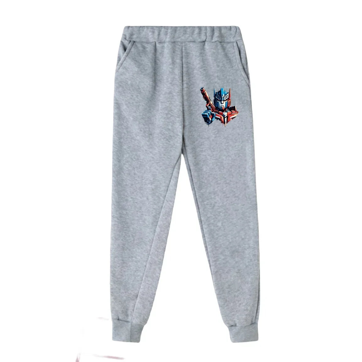 Pantalon de jogging gris avec impression colorée du personnage Optimus Prime sur la cuisse – Transformers.