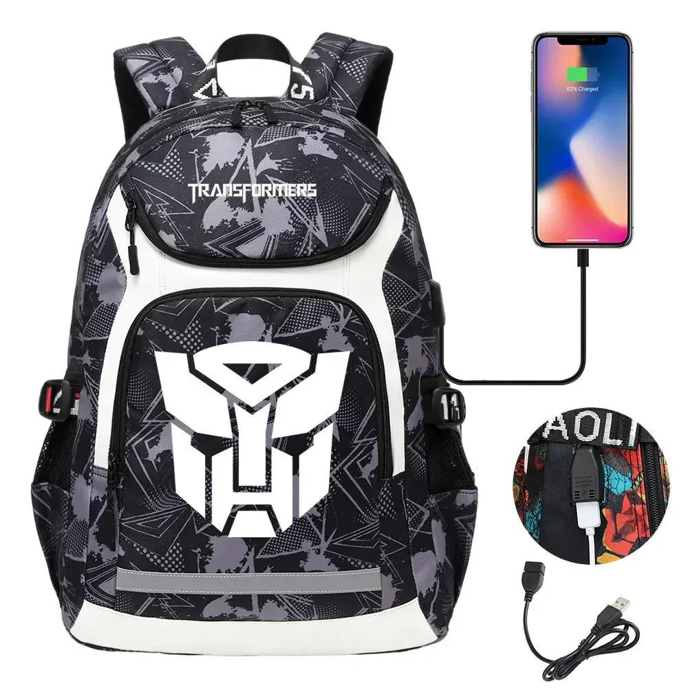 Sac à dos noir motif Autobot, port USB, dessin urbain blanc et gris, câble inclus – Transformers.
