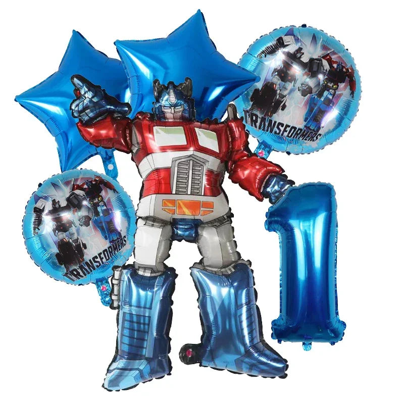 Ballons aluminium Optimus Prime en pied, étoiles bleues, chiffre 1 et motifs robots – Transformers.