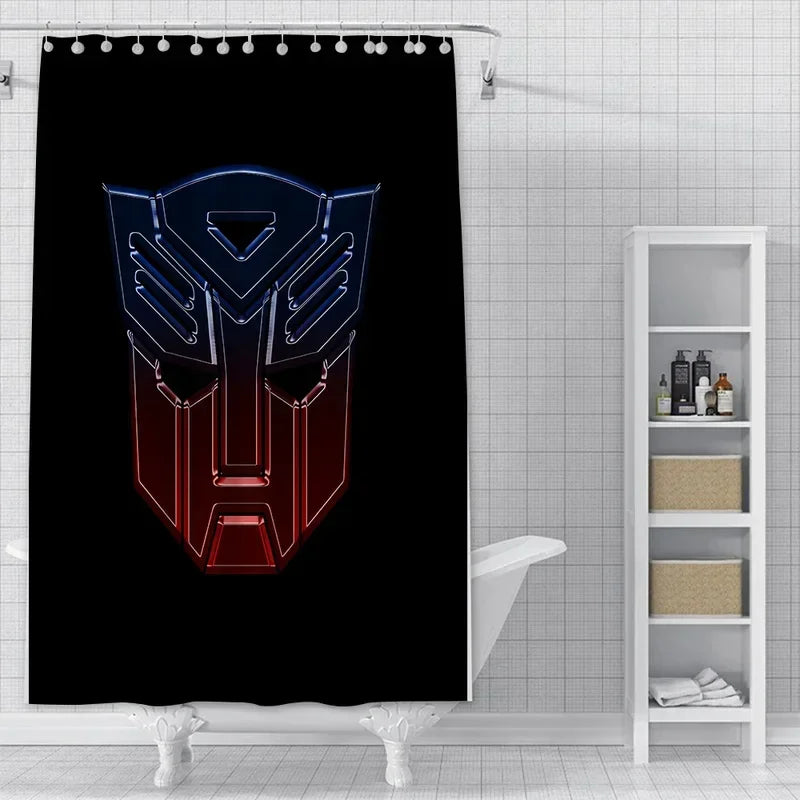 Rideau de douche noir décoré du logo Autobot lumineux bleu et rouge dans une salle de bain – Transformers.