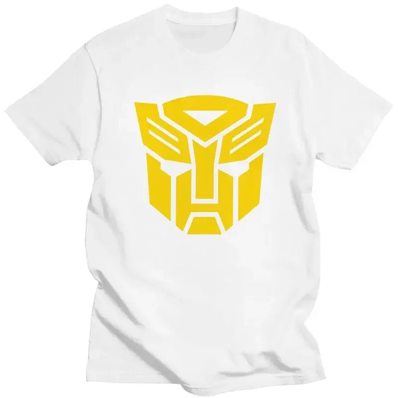T-shirt blanc avec logo jaune Autobots au centre, design simple et épuré – Transformers.