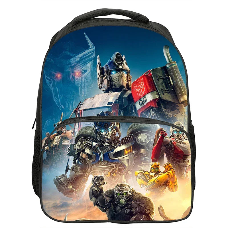 Sac à dos avec Optimus Prime, Autobots et robots colorés sur fond bleu et jaune – Transformers.