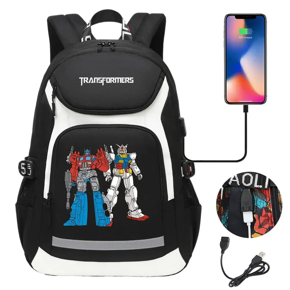 Sac à dos noir et blanc avec Optimus Prime et robot blanc, port USB intégré – Transformers.