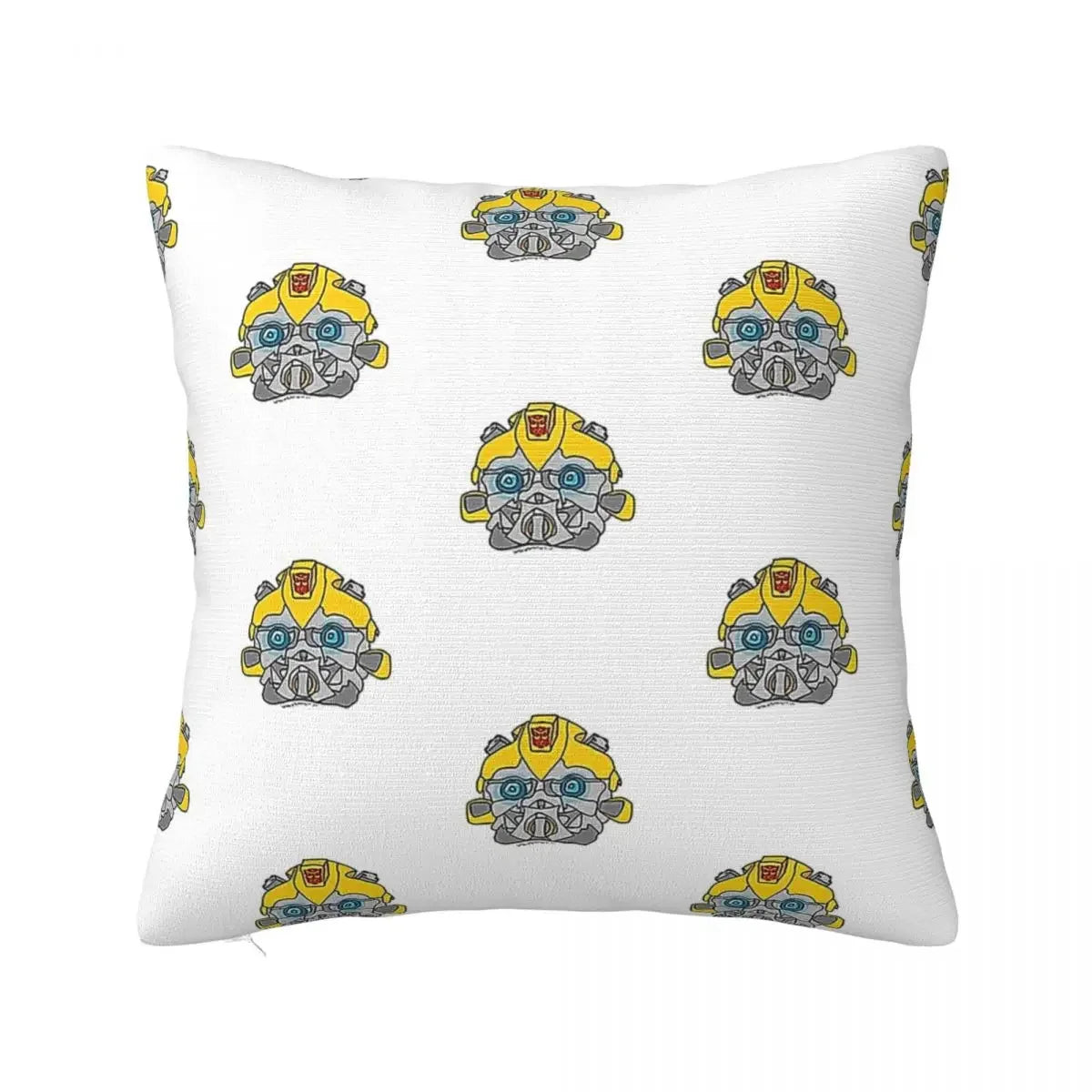 Coussin blanc motif têtes de Bumblebee jaune et gris style cartoon, déco chambre – Transformers.