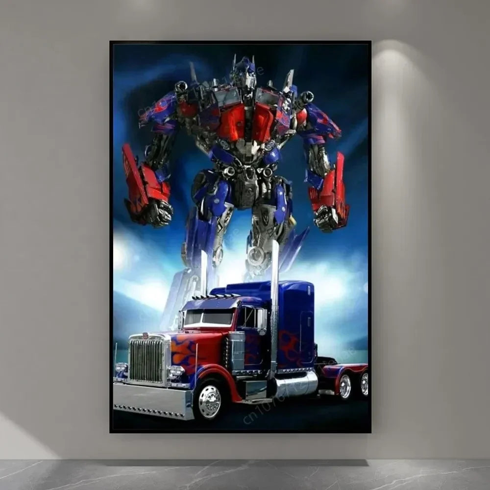 Affiche mural de Optimus Prime en robot debout et en camion, fond bleu futuriste – Transformers.