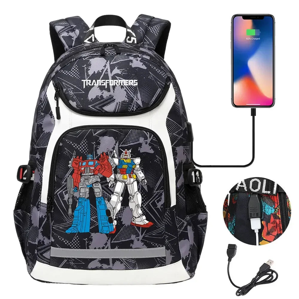 Sac à dos noir Transformers avec robots colorés, port USB et motifs futuristes – Transformers.