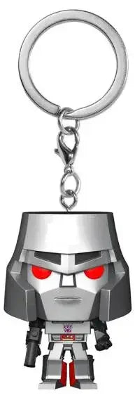 Porte-clés figurine Megatron argenté avec yeux rouges, style cartoon, fond blanc – Transformers.