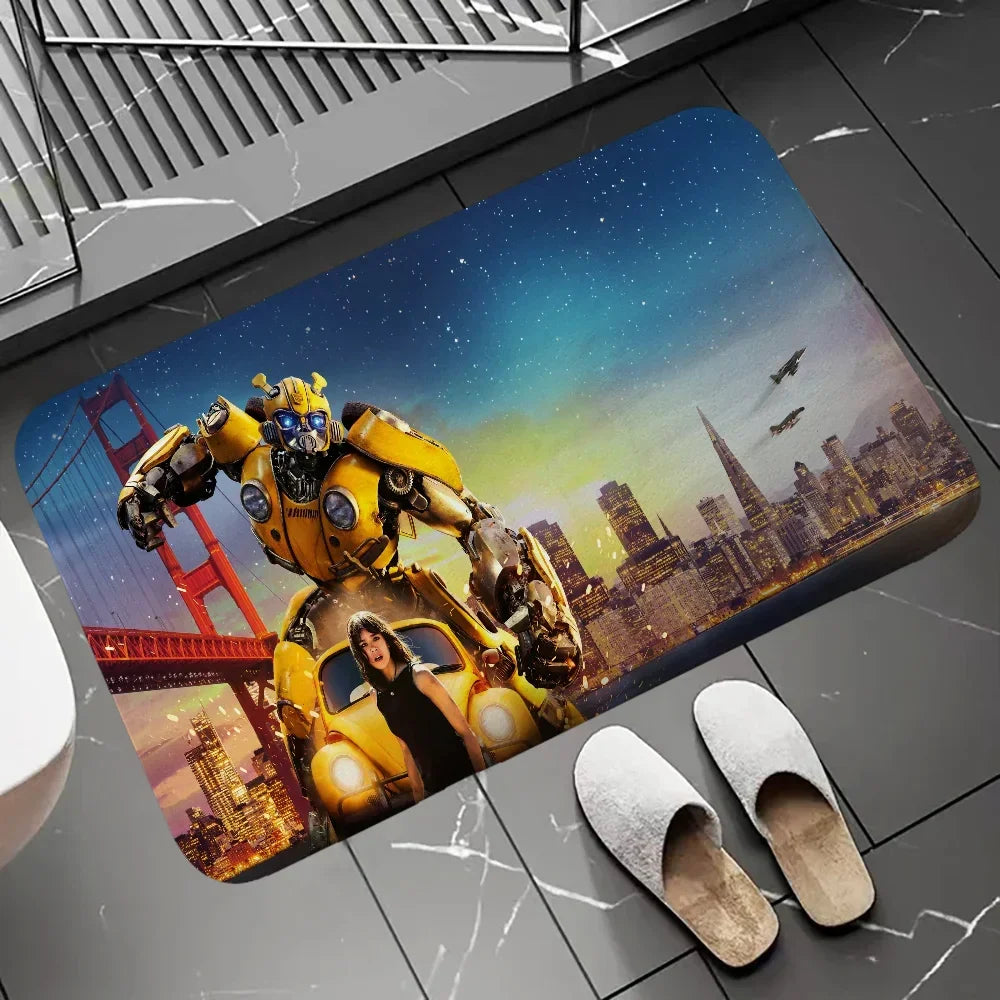 Tapis de sol décoré Bumblebee jaune, jeune femme, pont rouge, skyline urbain, ciel étoilé – Transformers.