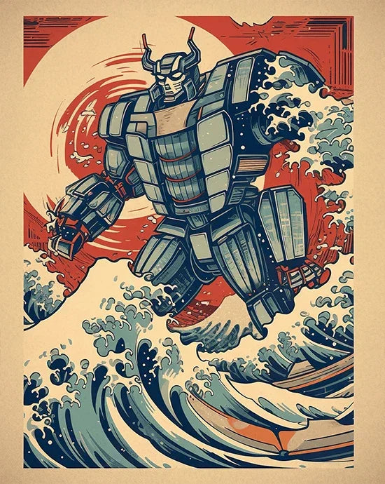 Affiche robot géant style japonais dans les vagues, fond rouge, illustration dynamique – Transformers.