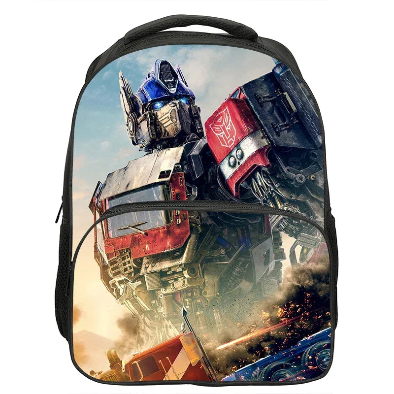 Sac à dos avec illustration d’Optimus Prime en posture héroïque sur fond de bataille – Transformers.