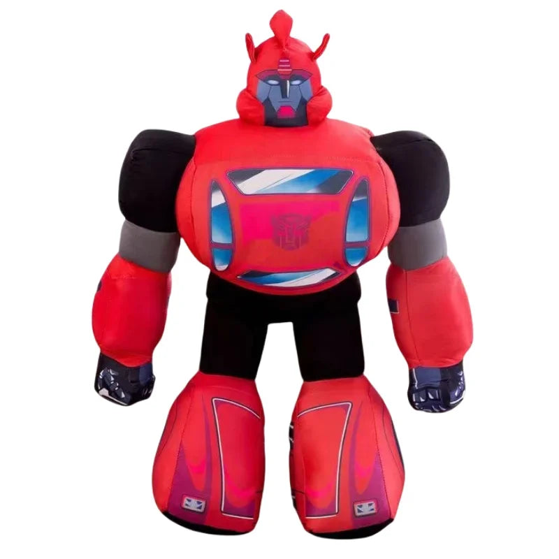 Peluche robot rouge et noir, forme humanoïde, visage gris, détails bleus – Transformers.