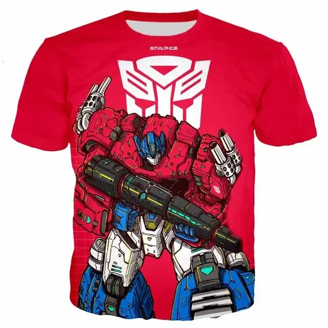 T-shirt rouge avec robot Transformers armé, motif coloré, logo Autobot en fond – Transformers.