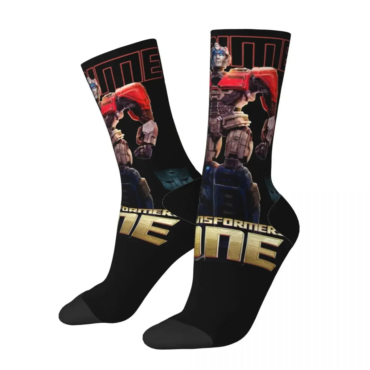 Chaussettes noires avec robot Optimus Prime, design coloré, lettrage doré – Transformers.