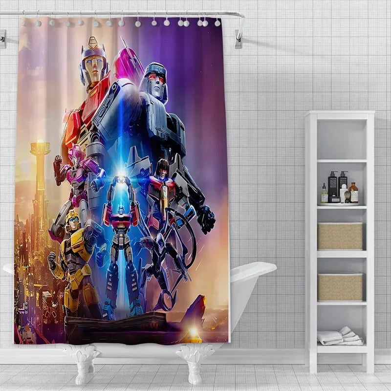 Rideau de douche décoré de robots Transformers colorés debout devant une ville futuriste – Transformers.