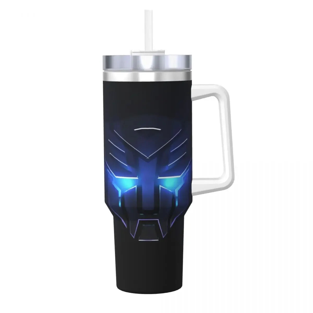 Mug noir avec logo Transformers lumineux bleu, poignée blanche, style futuriste – Transformers.