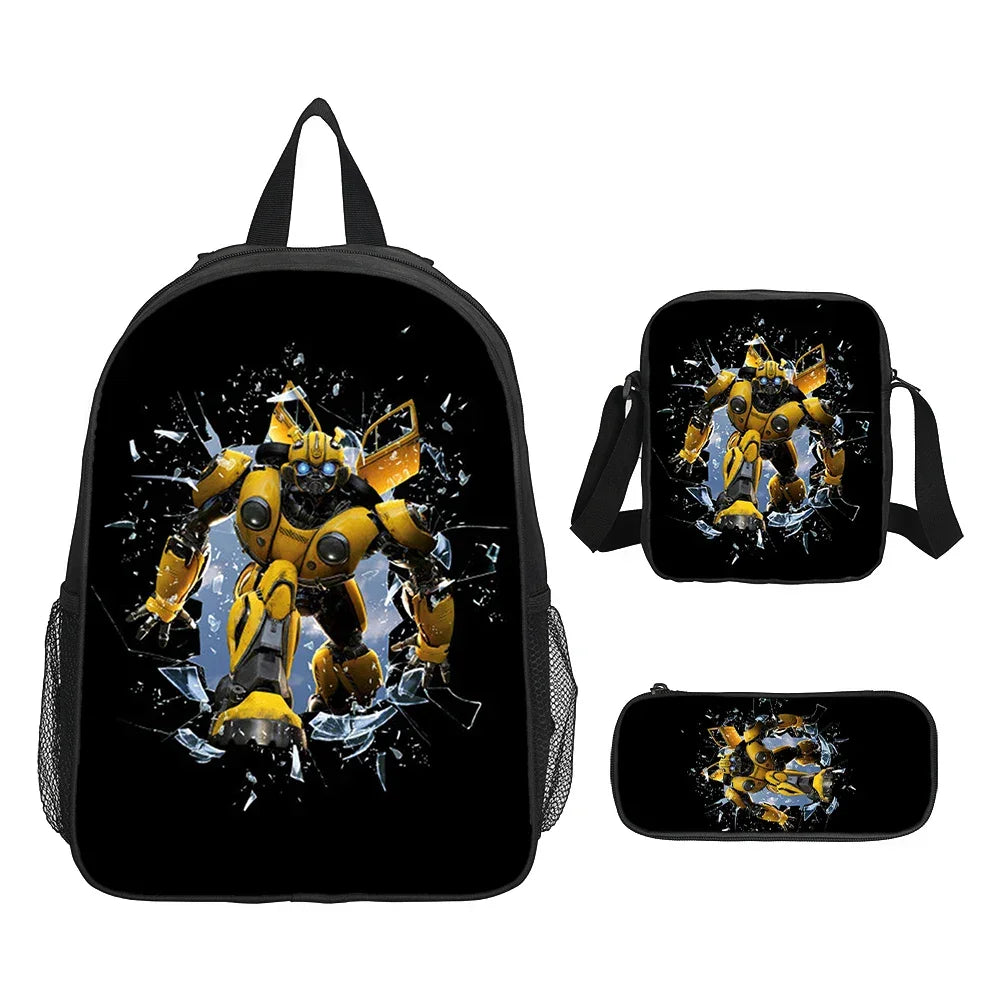 Set cartable, sac et trousse noirs avec robot jaune Bumblebee en action sur fond éclats – Transformers.
