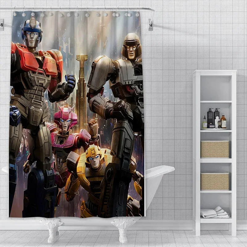 Rideau de douche dessin animé, robots Transformers colorés en poses dynamiques, décor futuriste – Transformers.
