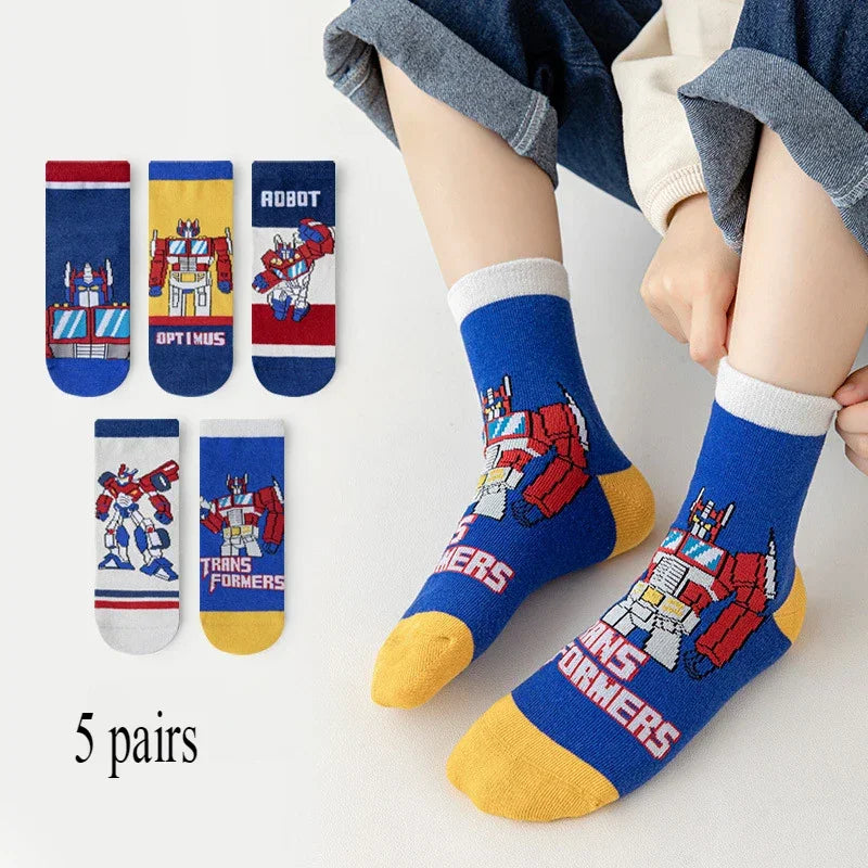 Chaussettes colorées enfant avec Optimus Prime, décor robot, motifs rouges et jaunes – Transformers.