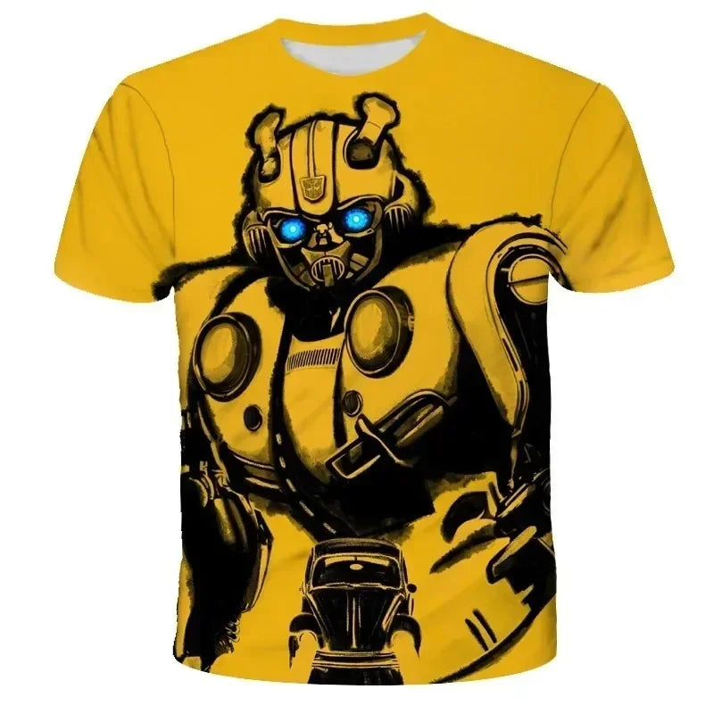 T-shirt jaune avec dessin de Bumblebee, robot aux yeux bleus lumineux et voiture noire – Transformers.