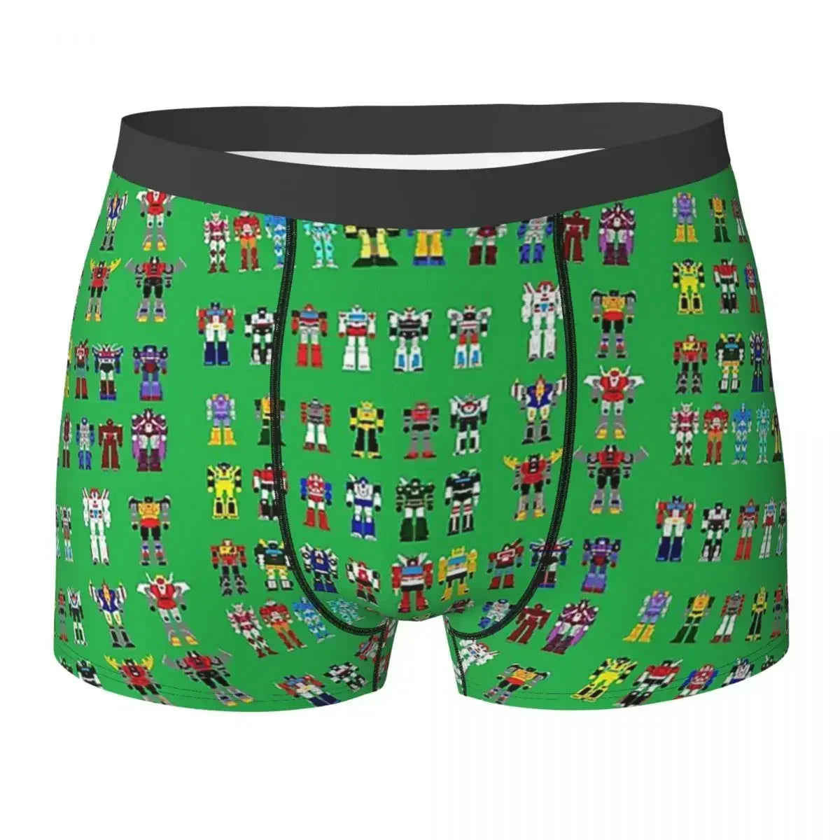 Boxer vert motifs robots pixelisés colorés, taille élastique noire, style geek – Transformers.