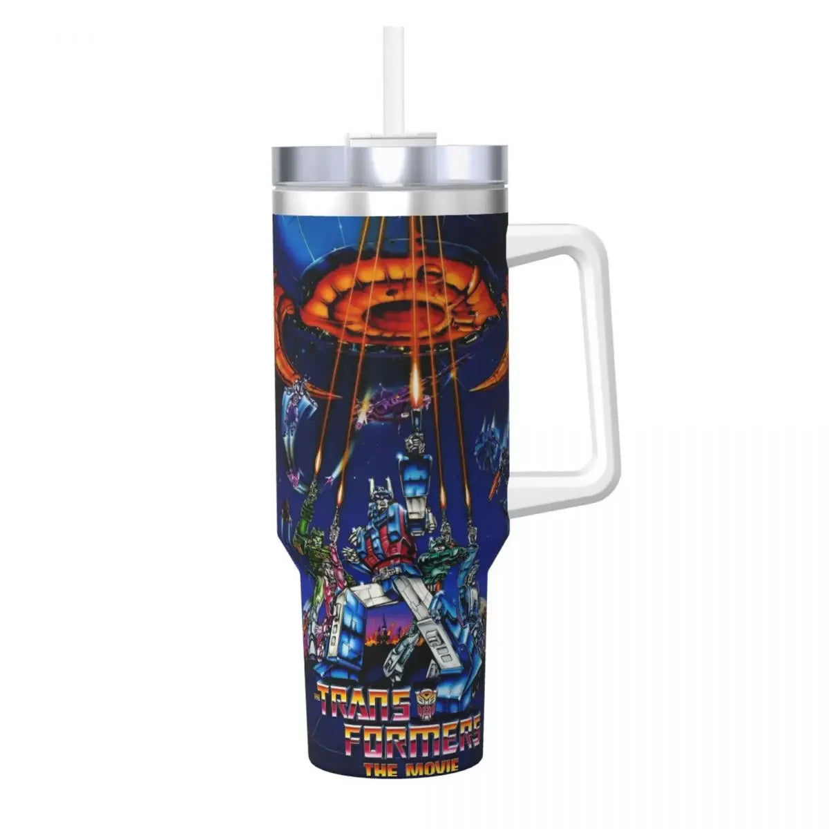 Mug isotherme Transformers décoré avec Optimus Prime en action, décor spatial coloré – Transformers.