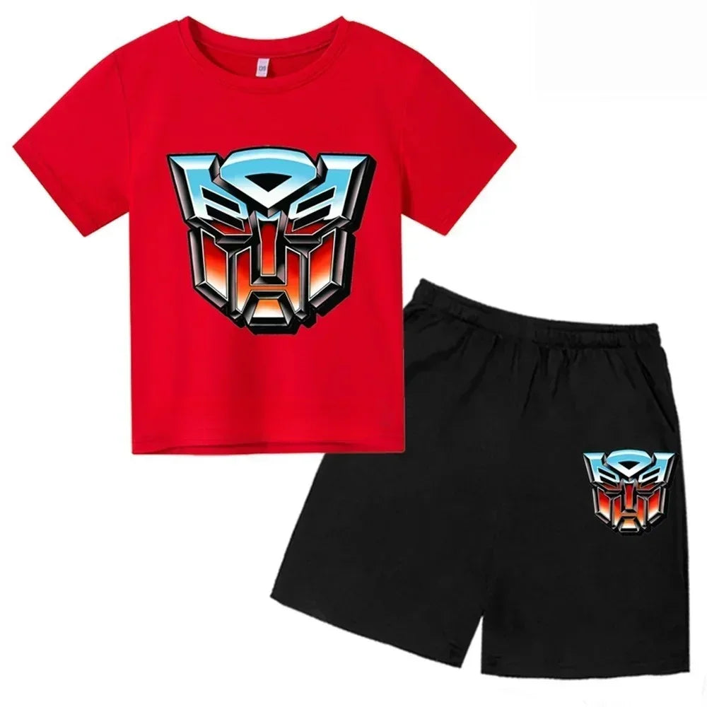 Ensemble t-shirt rouge et short noir enfant, logo Autobots coloré sur chaque pièce – Transformers.