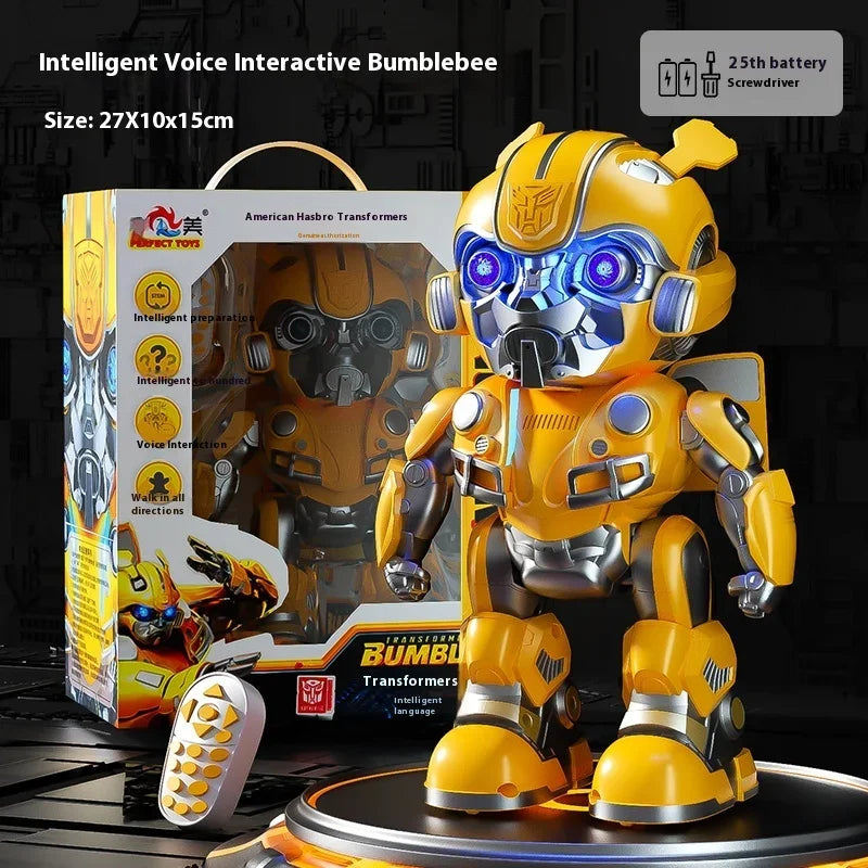 Robot jouet Bumblebee interactif jaune et argenté, yeux lumineux, télécommande, boîte en fond – Transformers.