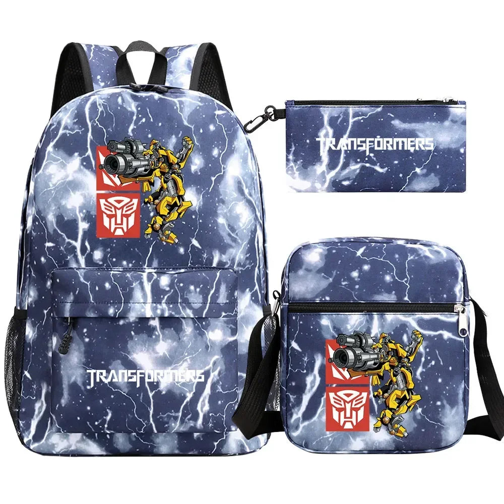 Ensemble sac à dos bleu effet éclair avec personnage jaune robot, logo Autobots, style moderne – Transformers.