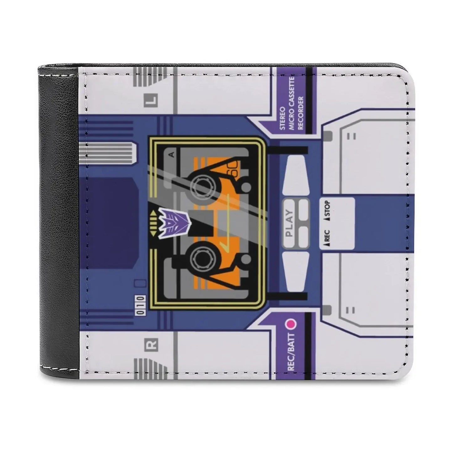 Portefeuille motif Soundwave bleu violet gris, cassette audio et boutons – Transformers.