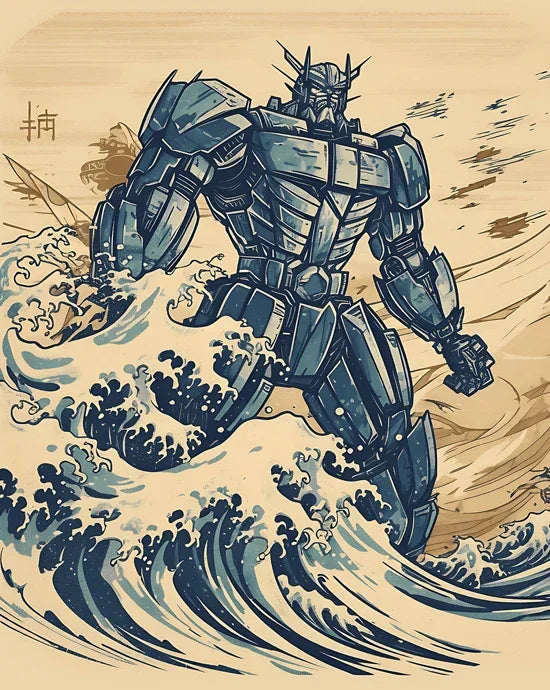 Robot bleu style manga debout dans des vagues, posture dynamique, fond beige – Transformers.